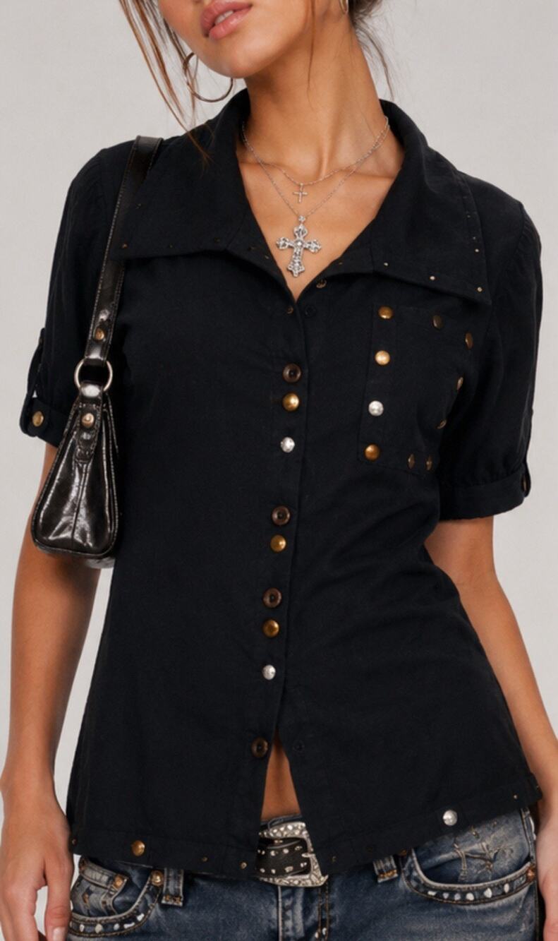 Apple Bottoms Women’s Black Studded Button Front Shirt Top Size L Y2K 3/4 Sleeve